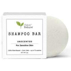Liv Nature fragrance-free shampoo bar in recyclable packaging for sensitive-skin care.