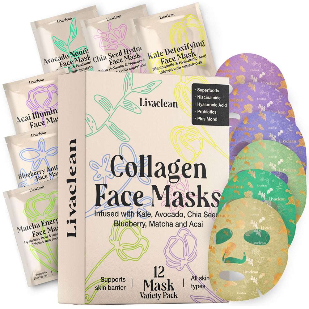 LivaClean 12ct face masks pack front, highlighting deep hydration for all skin types