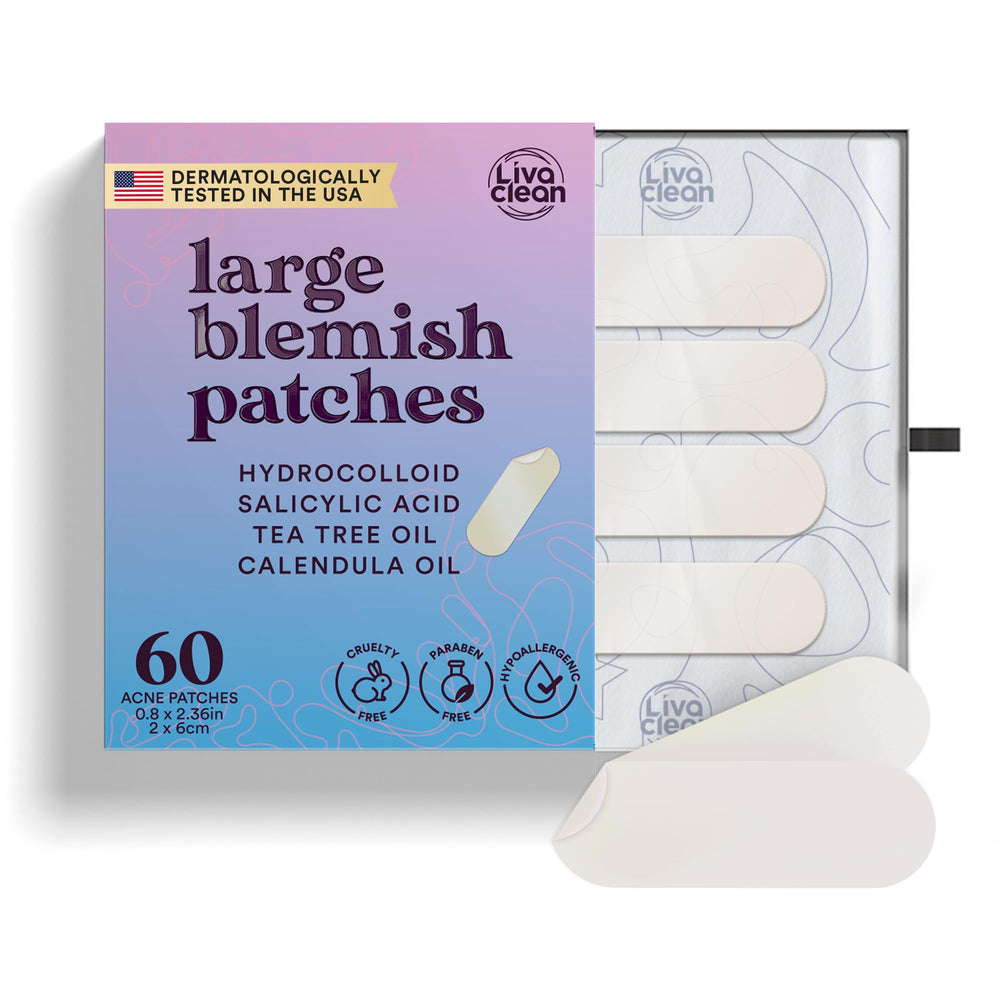 LivaClean 60ct large pimple patches package opened for quick shopping and application.