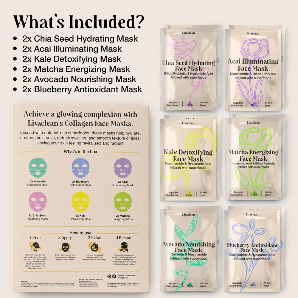 LivaClean collagen sheet mask closeup, showcasing plumping hydration and smoother texture
