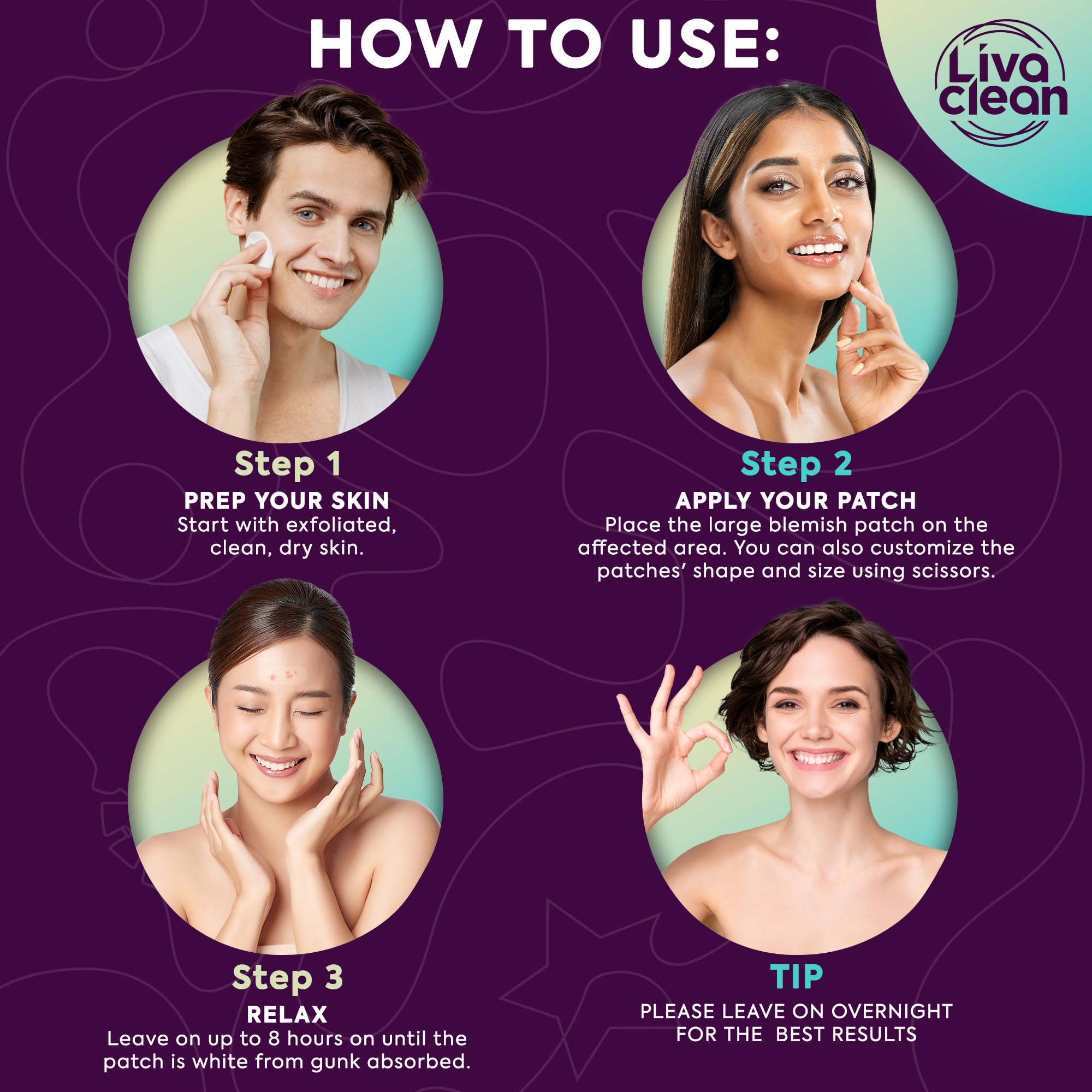 LivaClean LC100CT patches with oily-skin adhesion on oily areas.