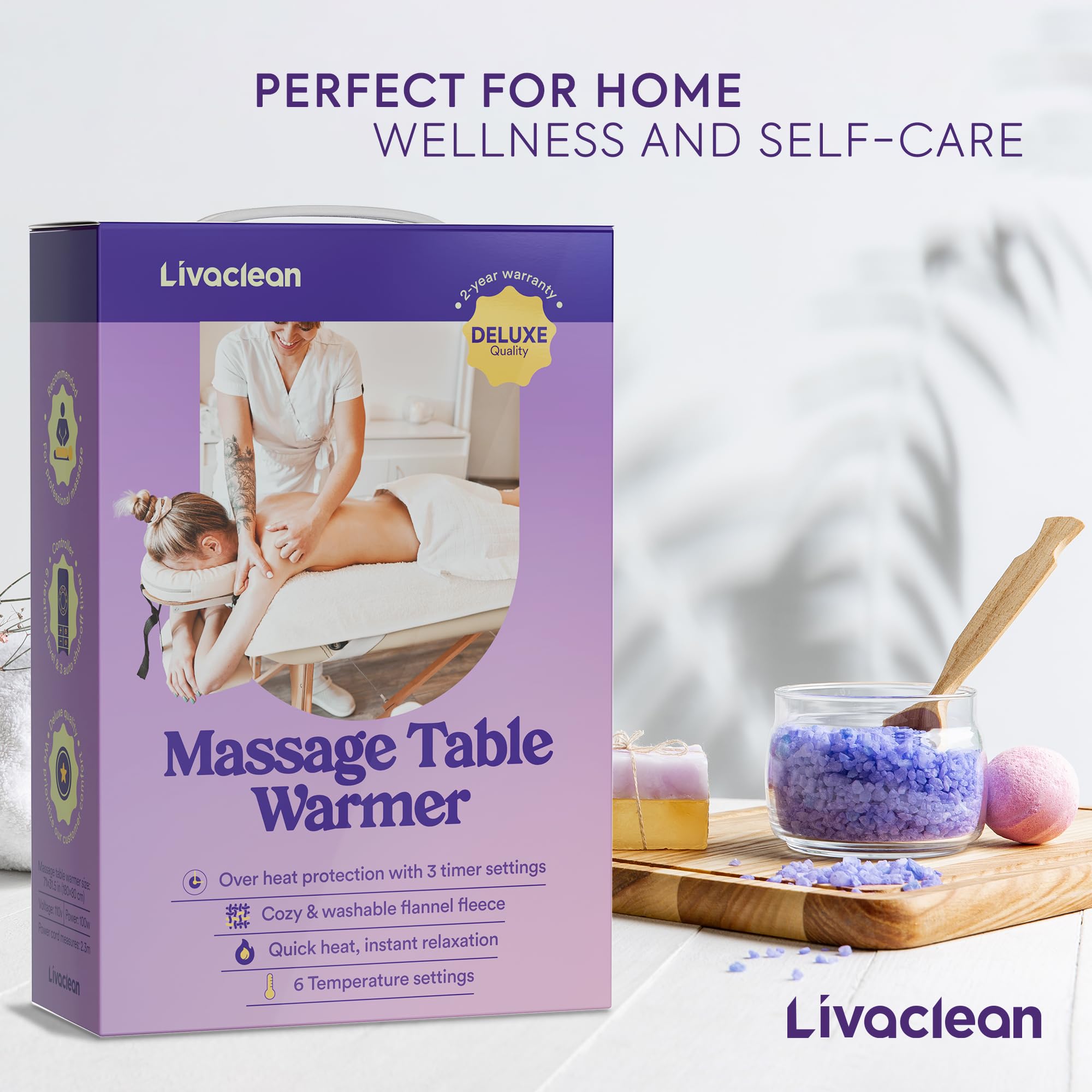 LivaClean massage table warmer side view on table with secure corner straps for stability
