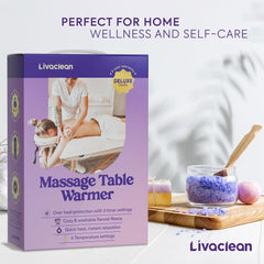 LivaClean massage table warmer side view on table with secure corner straps for stability