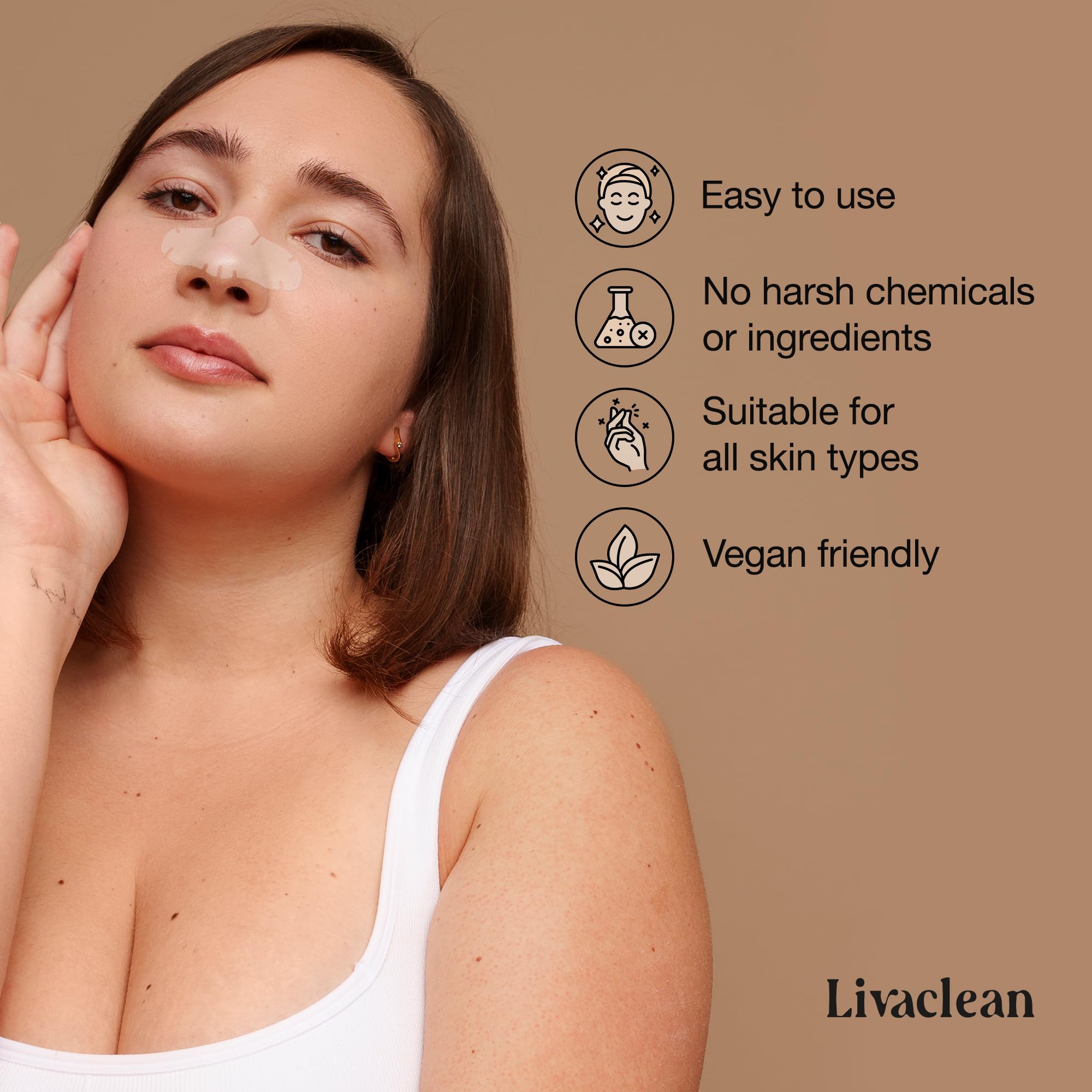 LivaClean nose pore strip after-use image suggests refreshed, clearer-looking skin