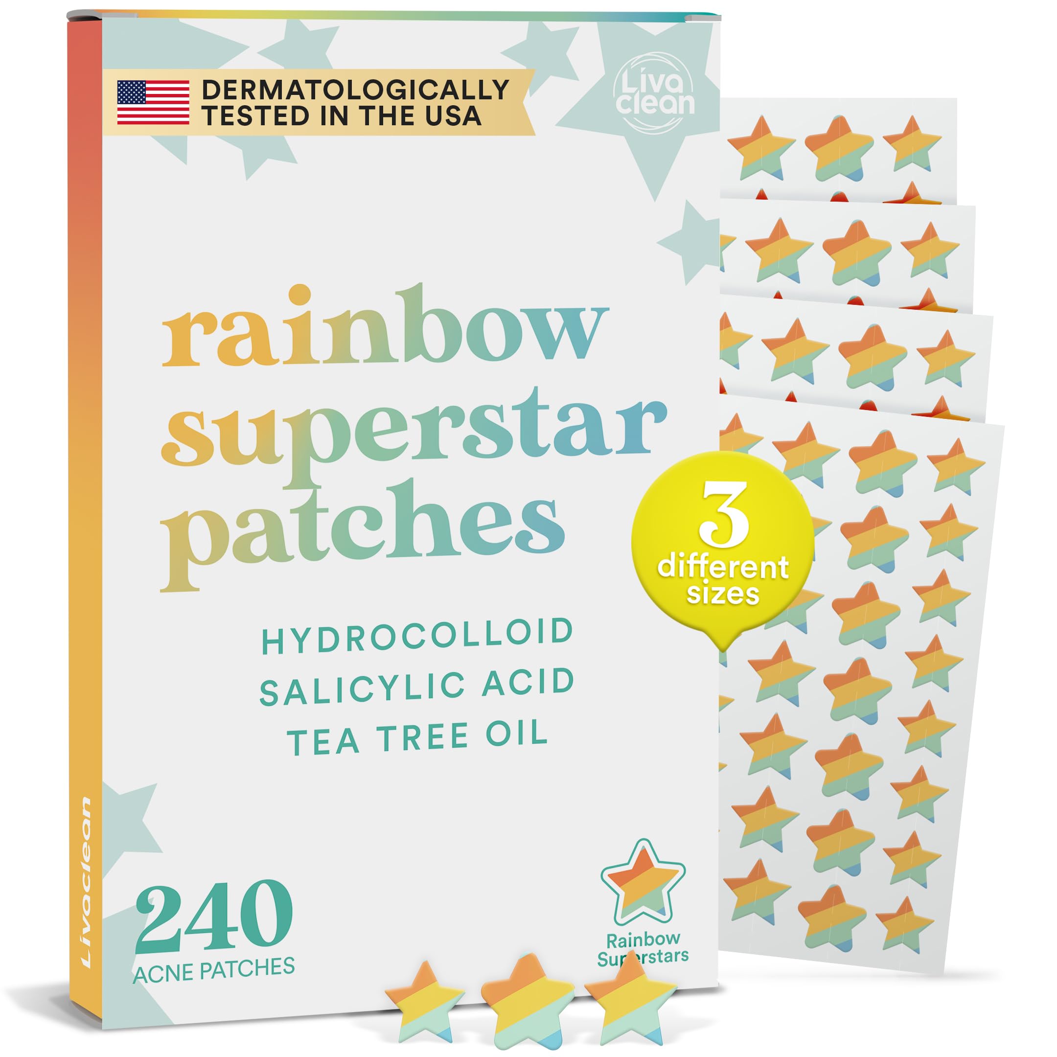LivaClean Rainbow Superstar Patches packshot highlights 240 patches for overnight blemish protection.