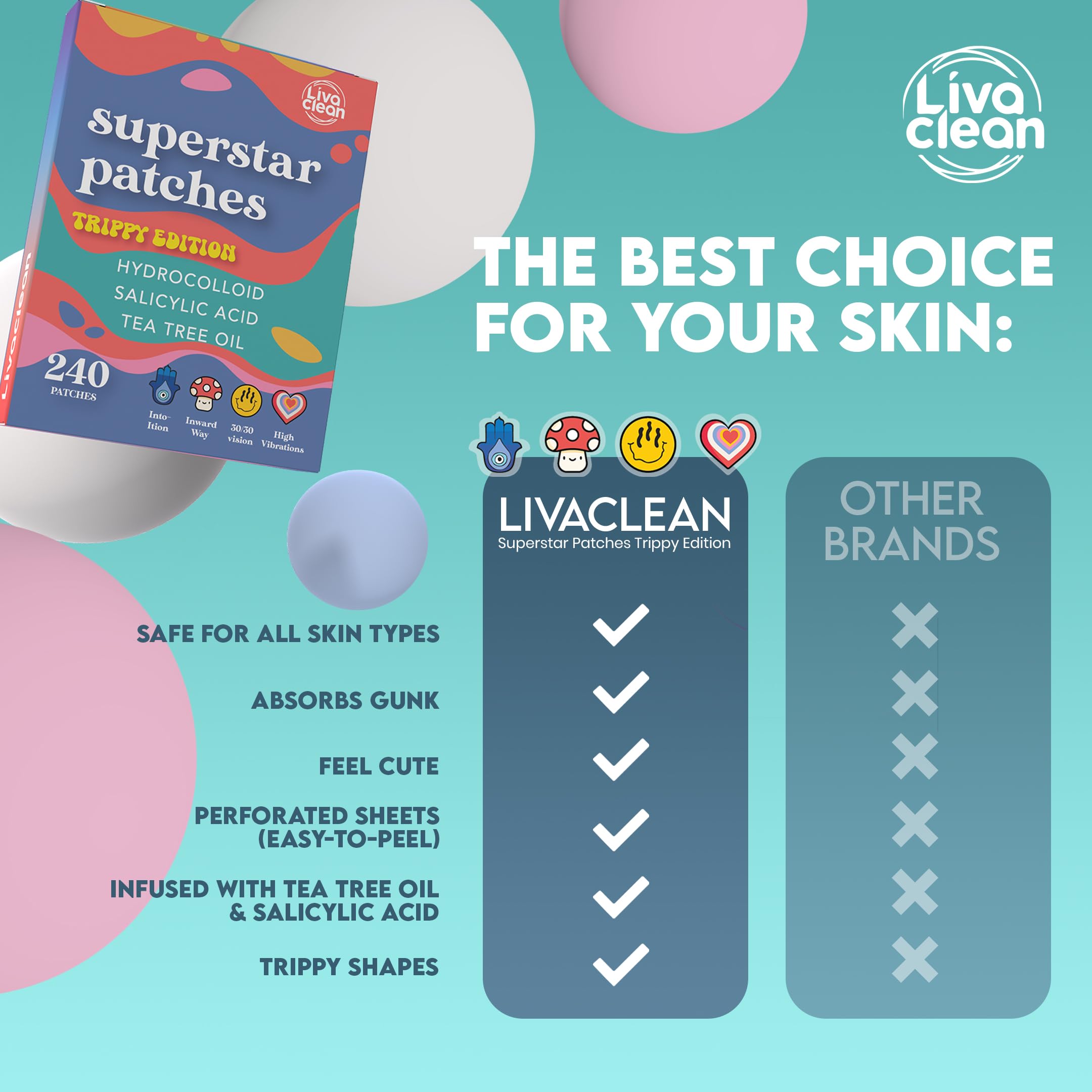 LivaClean Superstar Patches Trippy packaging highlights generous 240-count supply.