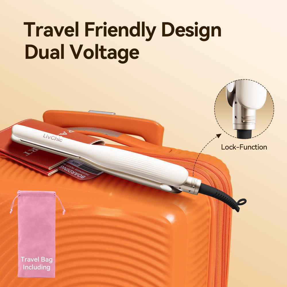 LivChic flat iron showcasing dual voltage for travel styling anywhere