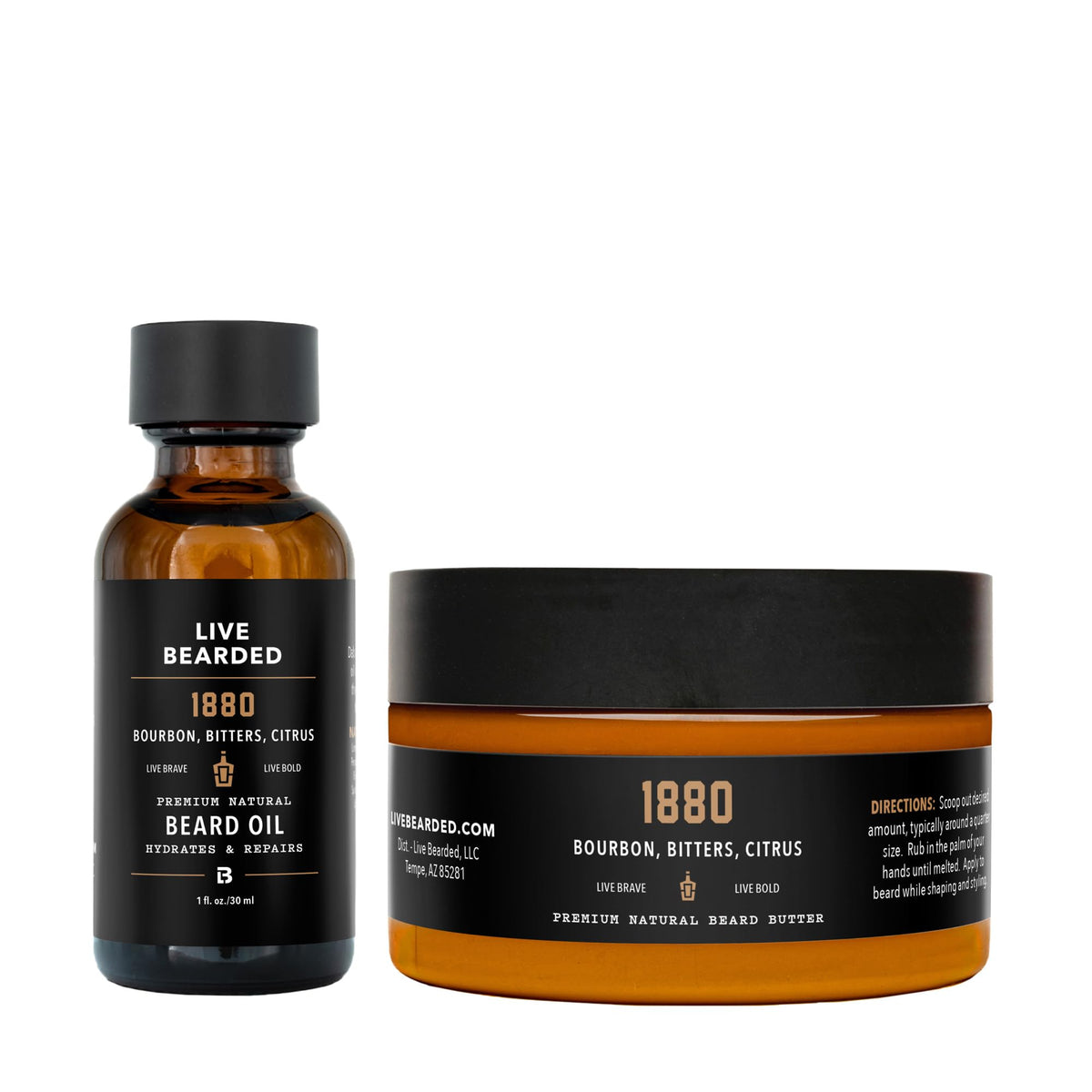 Live Bearded 1880 oil bottle pour nourishes beard with bourbon scent