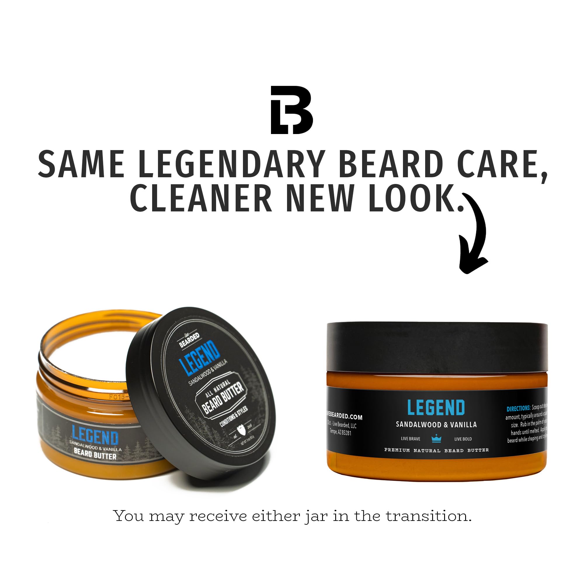 Live Bearded beard butter label close-up highlights natural ingredients for softer beard.