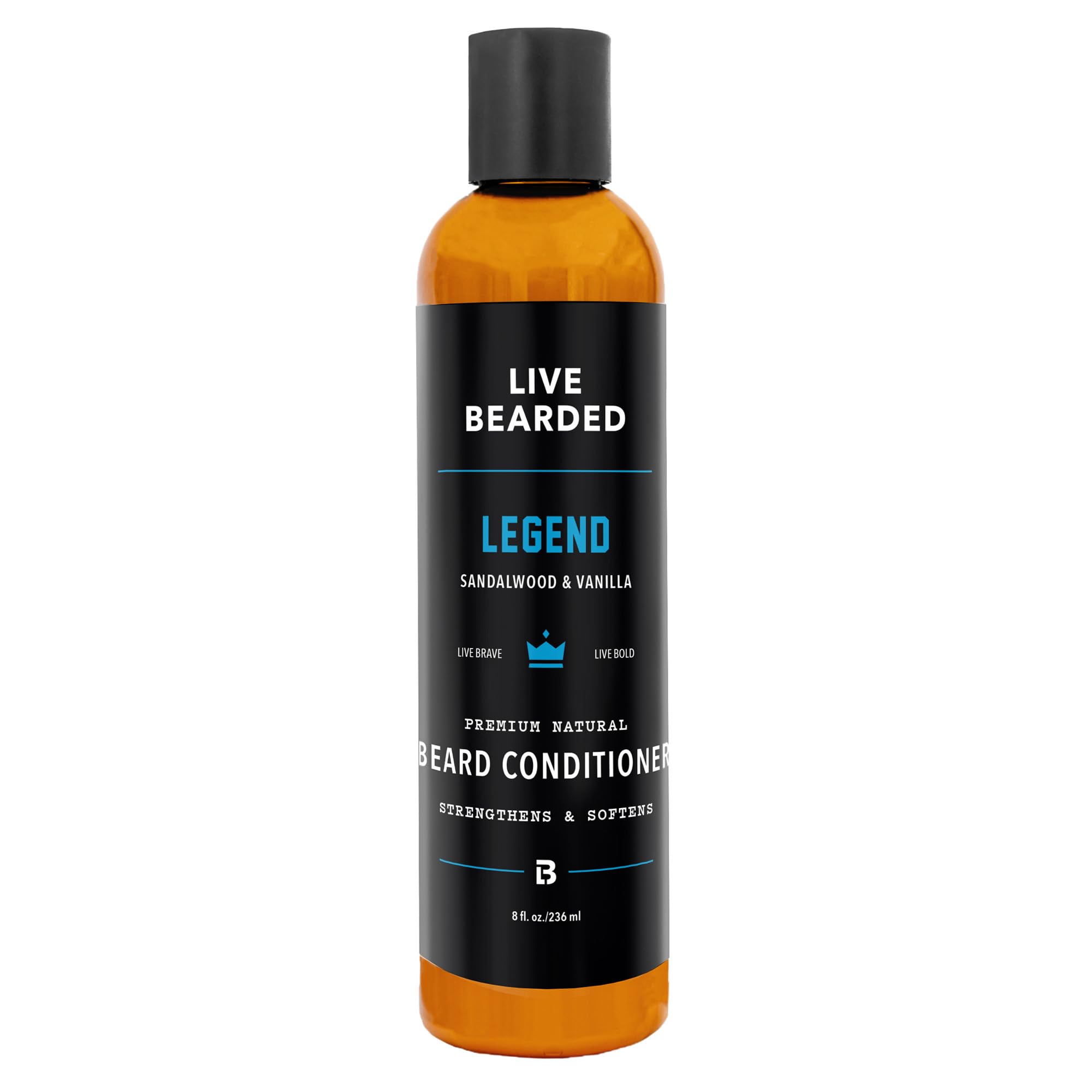 Live Bearded beard conditioner bottle with legend scent promotes smoother, hydrated facial hair