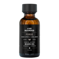 Live Bearded Forge Scent beard oil bottle shows Hinoki Cypress aroma for daily hydration