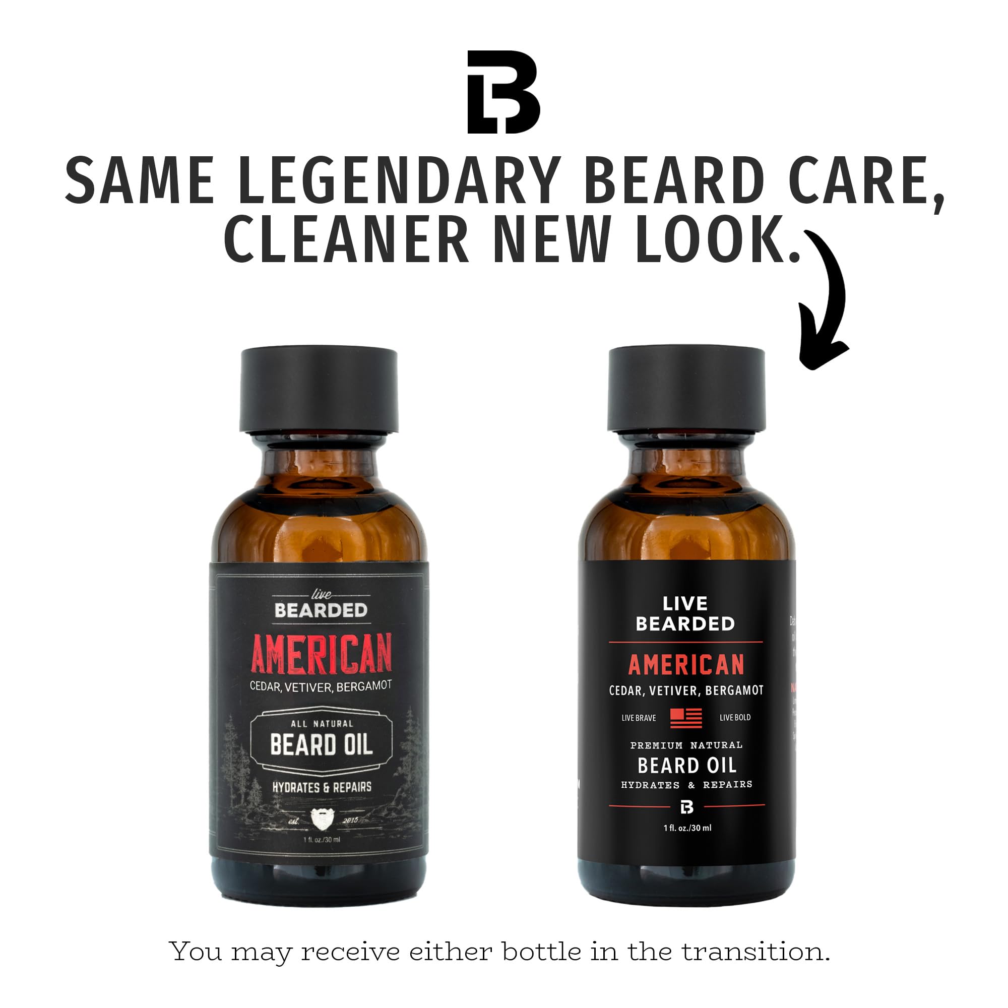 Live Bearded beard oil label highlights USA-made formula and all-natural ingredients