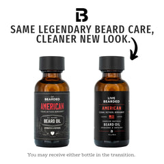 Live Bearded beard oil label highlights USA-made formula and all-natural ingredients