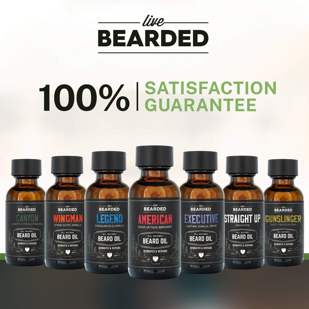 Live Bearded beard oil packaging box showcases premium USA-made product