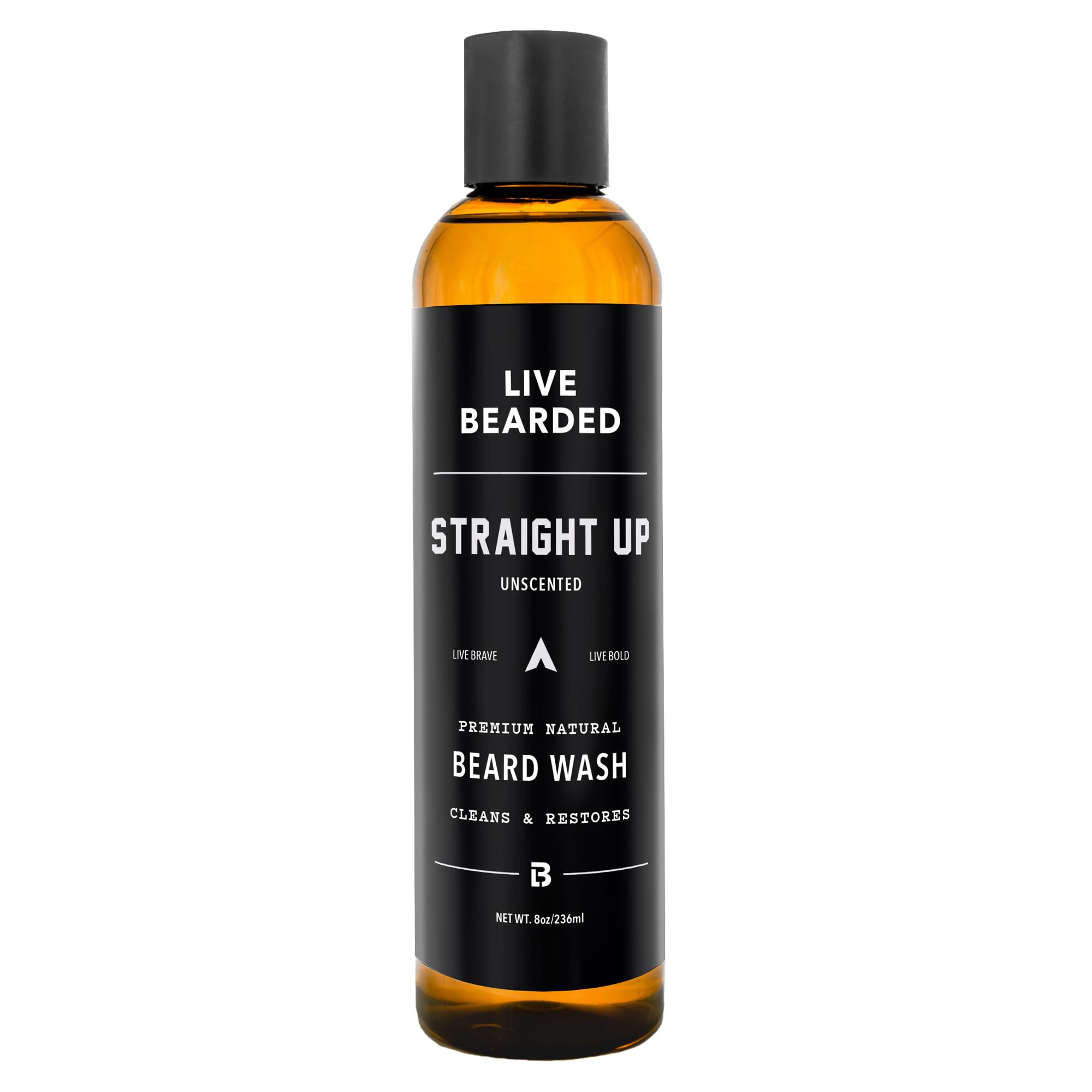 Live Bearded Beard Wash 8oz bottle front demonstrates fragrance-free cleansing for daily beard care