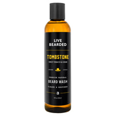 Live Bearded beard wash 8oz bottle showing Tombstone scent for daily cleansing.