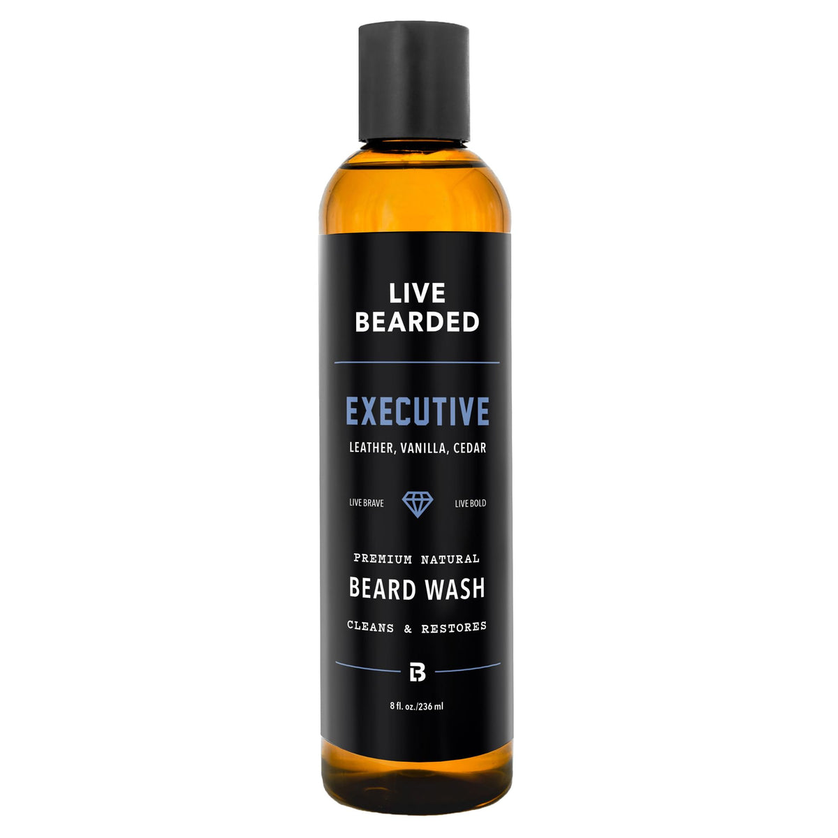 Live Bearded beard wash bottle front for a refreshing, daily cleansing routine.