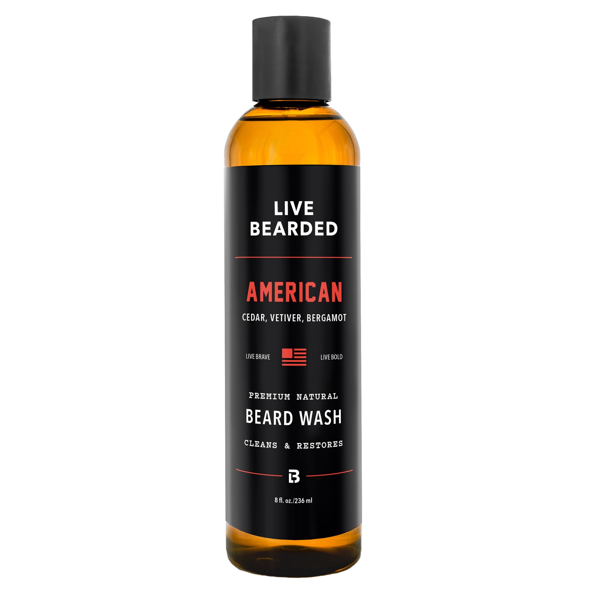 Live Bearded Beard Wash bottle front view showing cleansing formula.