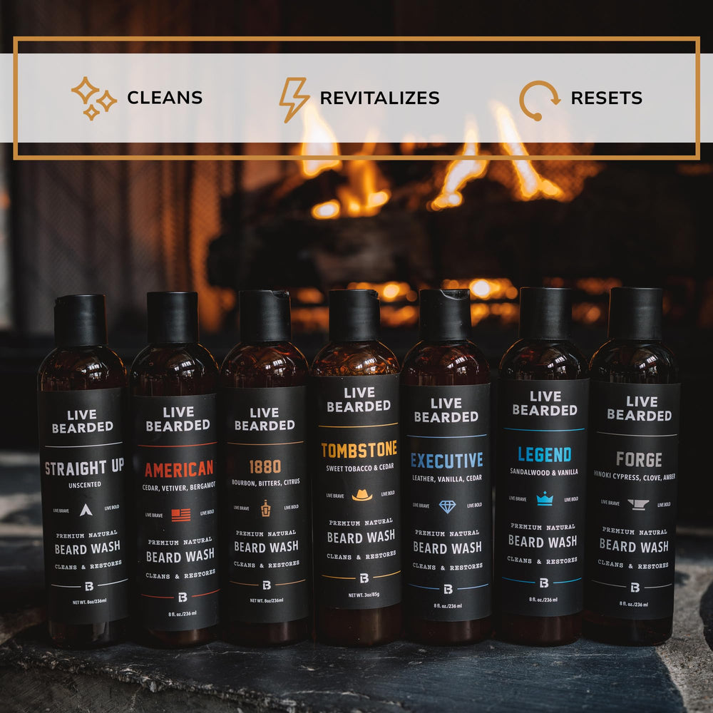 Live Bearded beard wash Cedar-Vanilla scent image suggests premium aroma and grooming ritual.