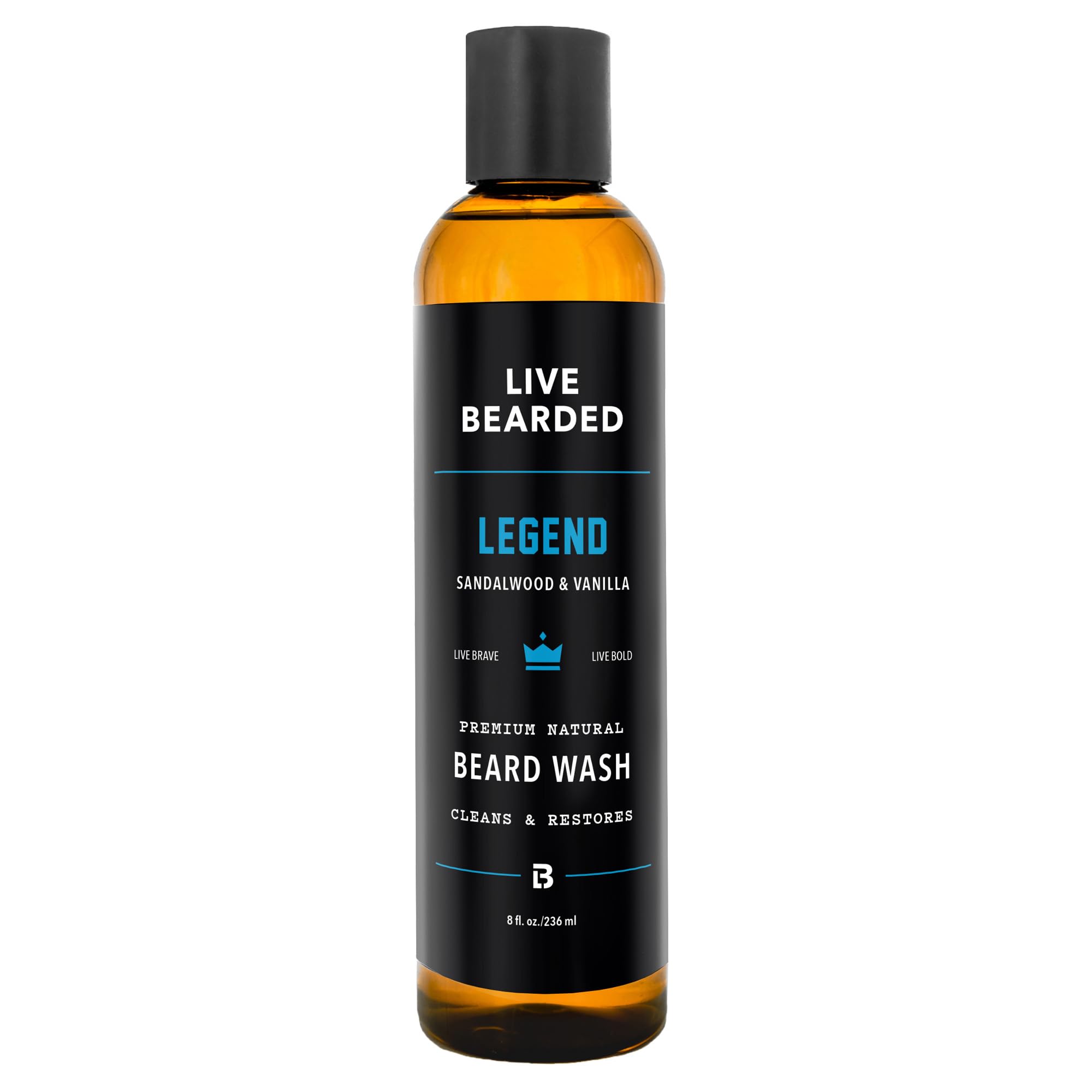 Live Bearded beard wash bottle label highlighting premium cleansing action
