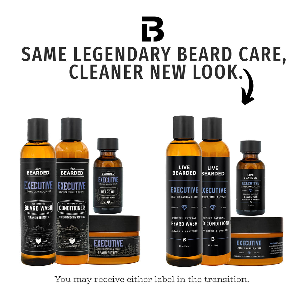 Live Bearded complete beard grooming kit conditioner image promotes detangling and softness for smoother styling.