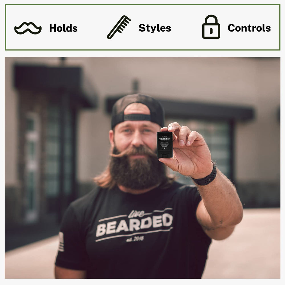 Live Bearded Mustache Wax Stick packaging illustrates travel-friendly, pocket-sized design.