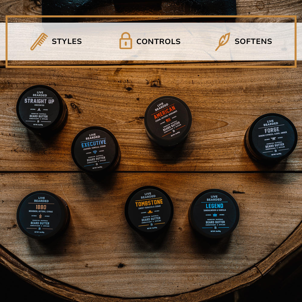 Live Bearded natural ingredients label emphasizes shea butter and all-natural care.