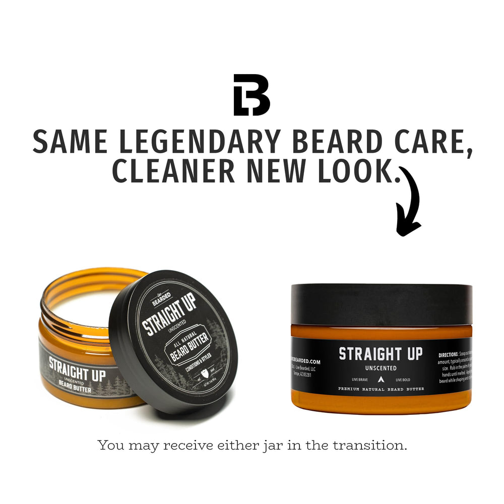 Live Bearded unscented beard butter jar closeup highlights fragrance-free formula.