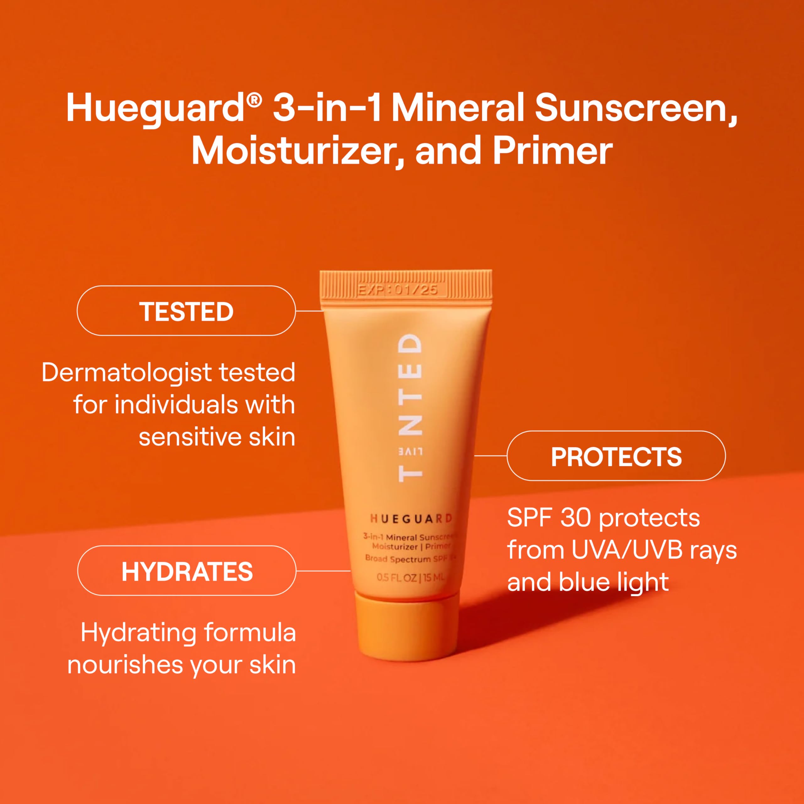Live Tinted Hueguard mini label close-up highlights reef-safe mineral sunscreen and SPF 30 protection.