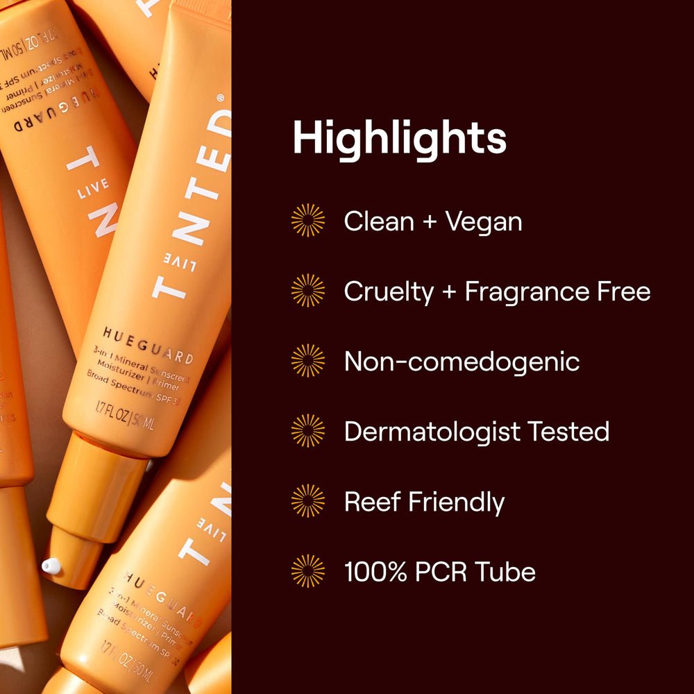 Live Tinted Hueguard reef-safe icon communicates vegan fragrance-free formula