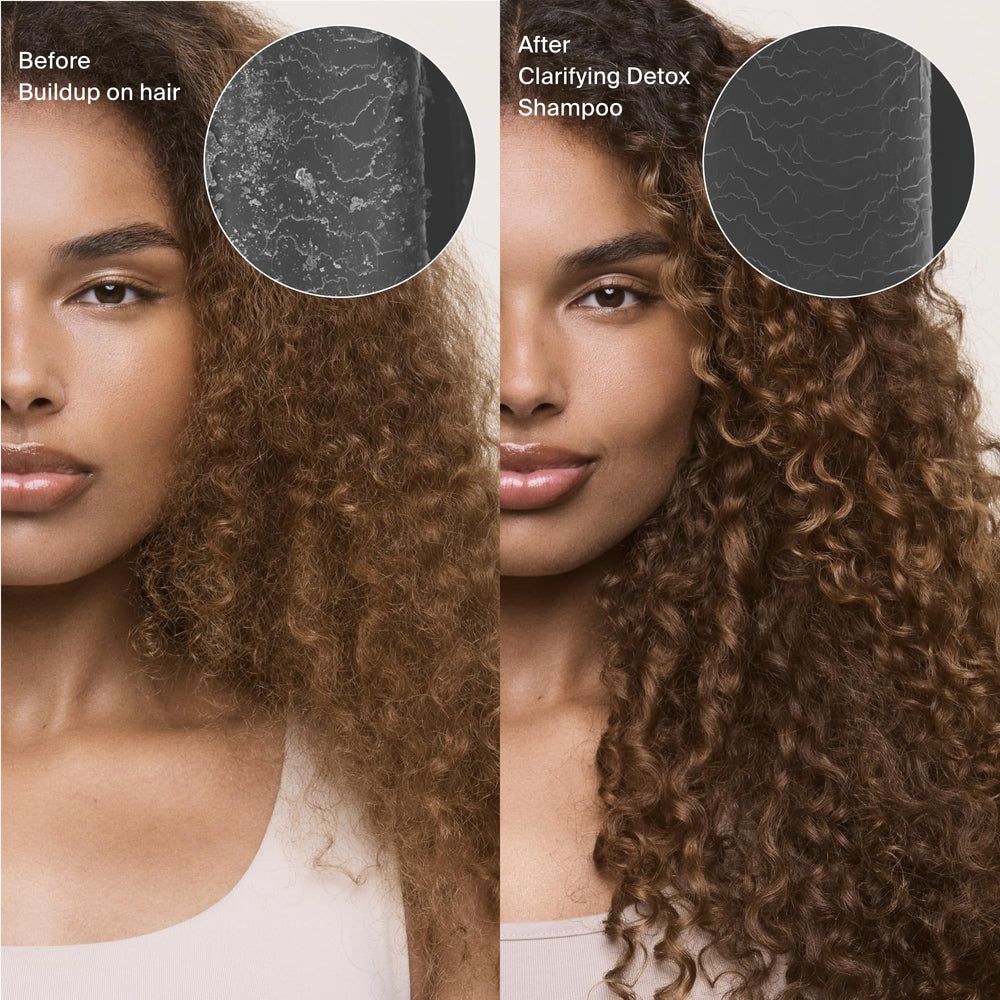 Living Proof Clarifying Detox Shampoo closeup reveals creamy texture that cleanses without stripping.