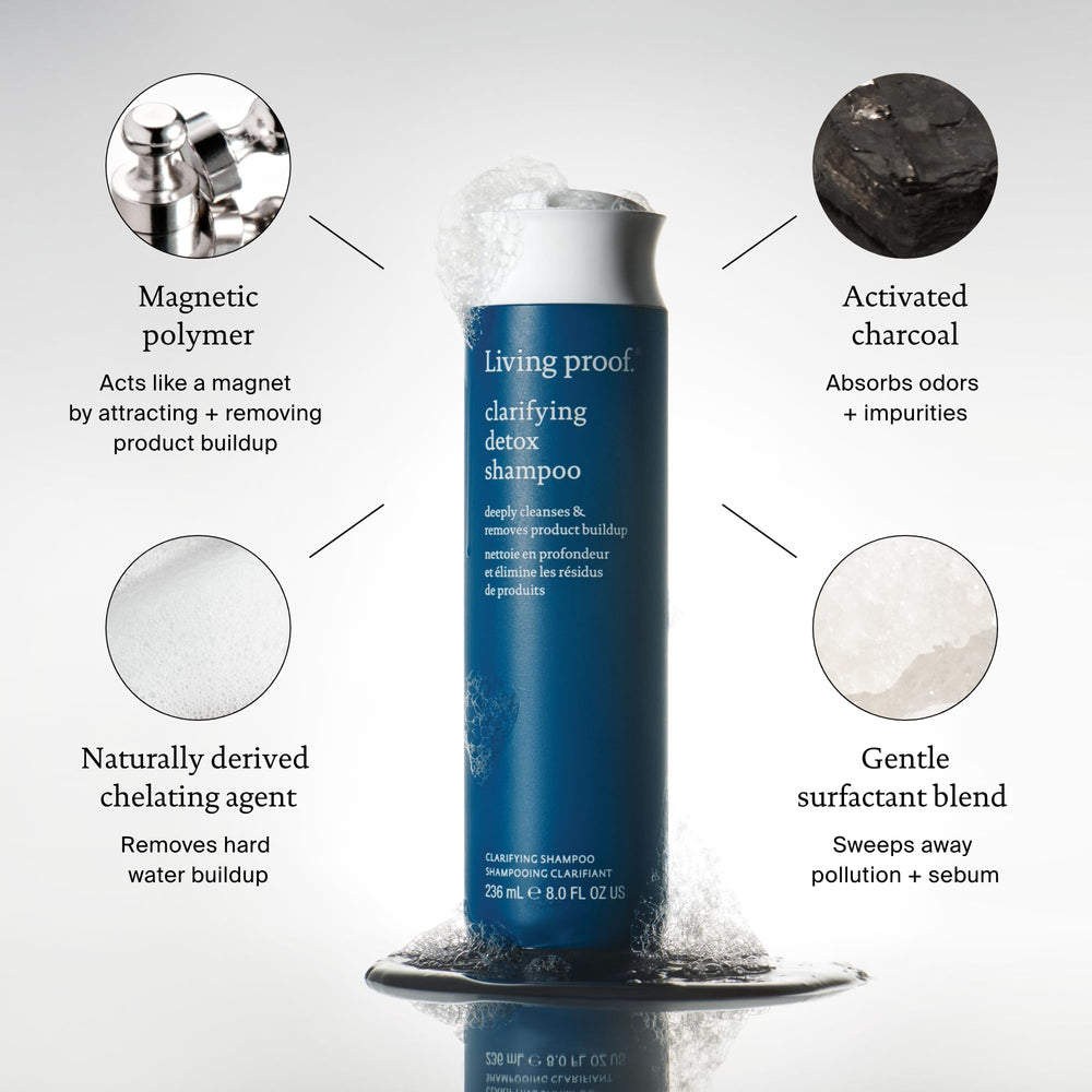 Living Proof Clarifying Detox Shampoo rinse shows impurity removal and longer clean feel.