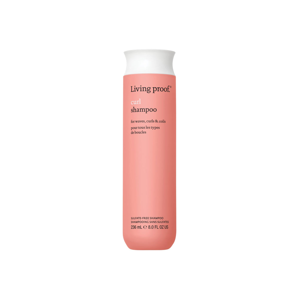 Living Proof Curl Shampoo bottle front showing defined curls after a gentle cleanse