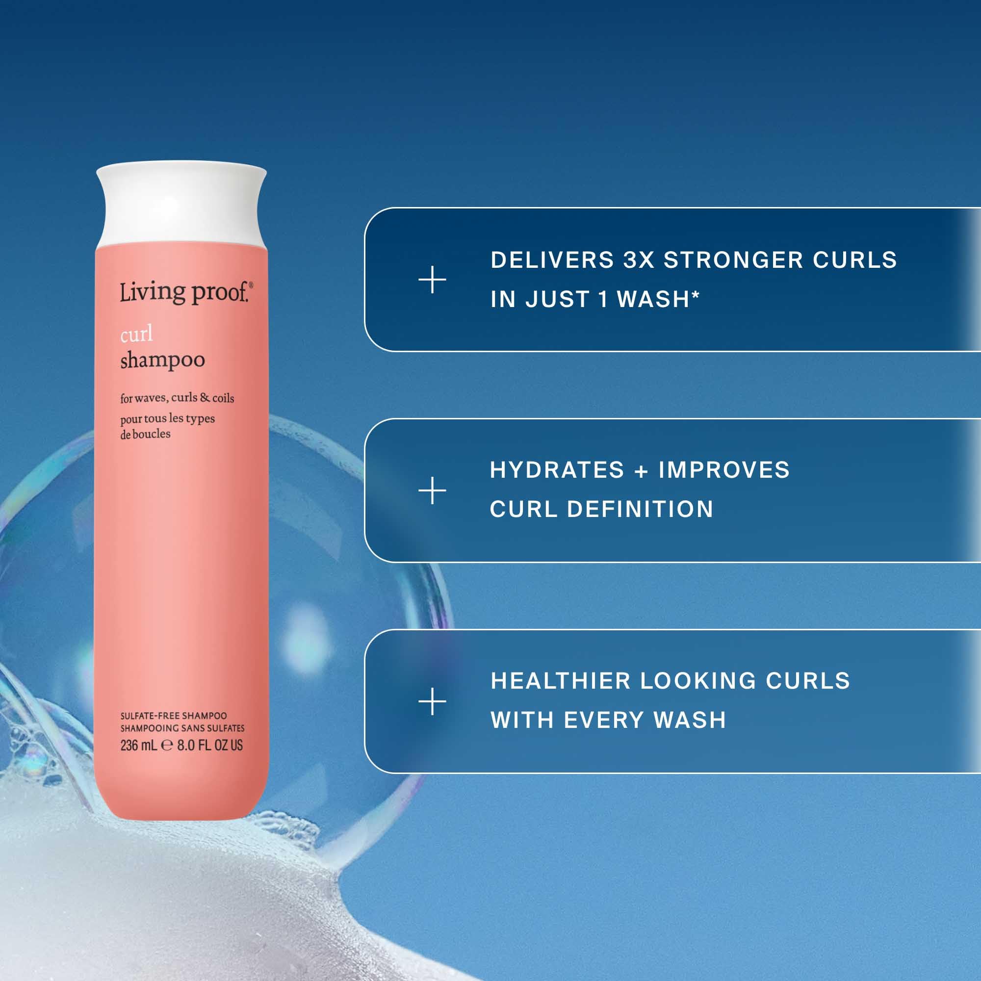 Living Proof Curl Shampoo applied to wet hair demonstrates smooth slip for detangling