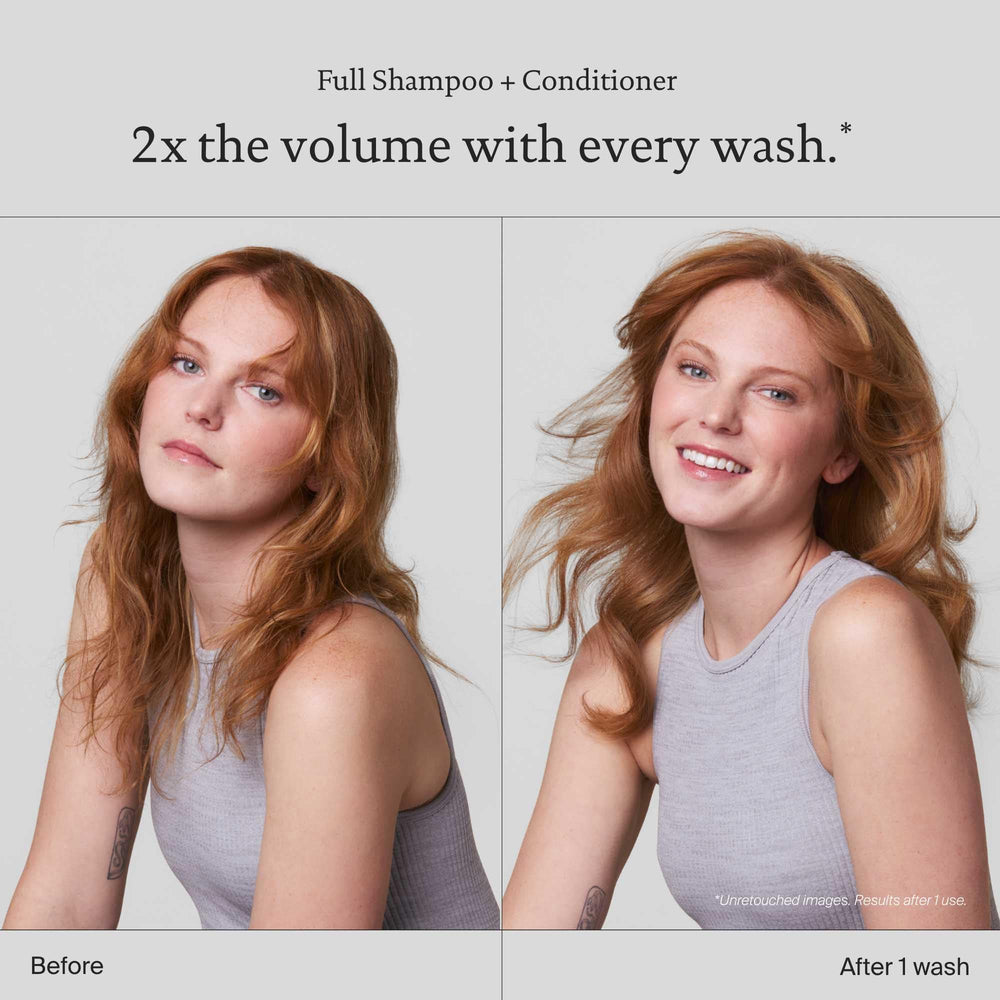 Living Proof Full Conditioner bottle back highlights color-safe hydration without weigh-down.