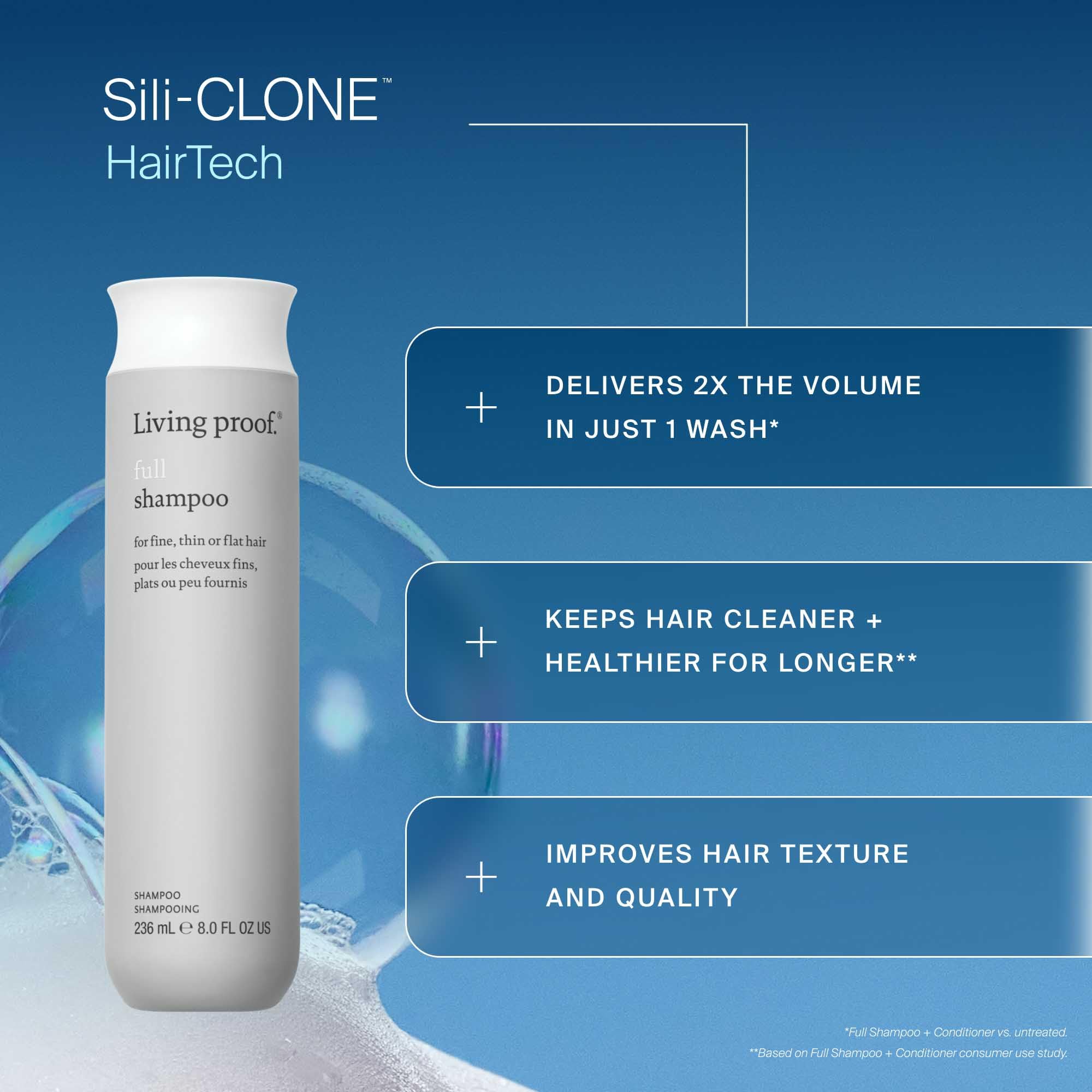 Living Proof Full Shampoo bottle cap close-up shows paraben- and silicone-free formula.