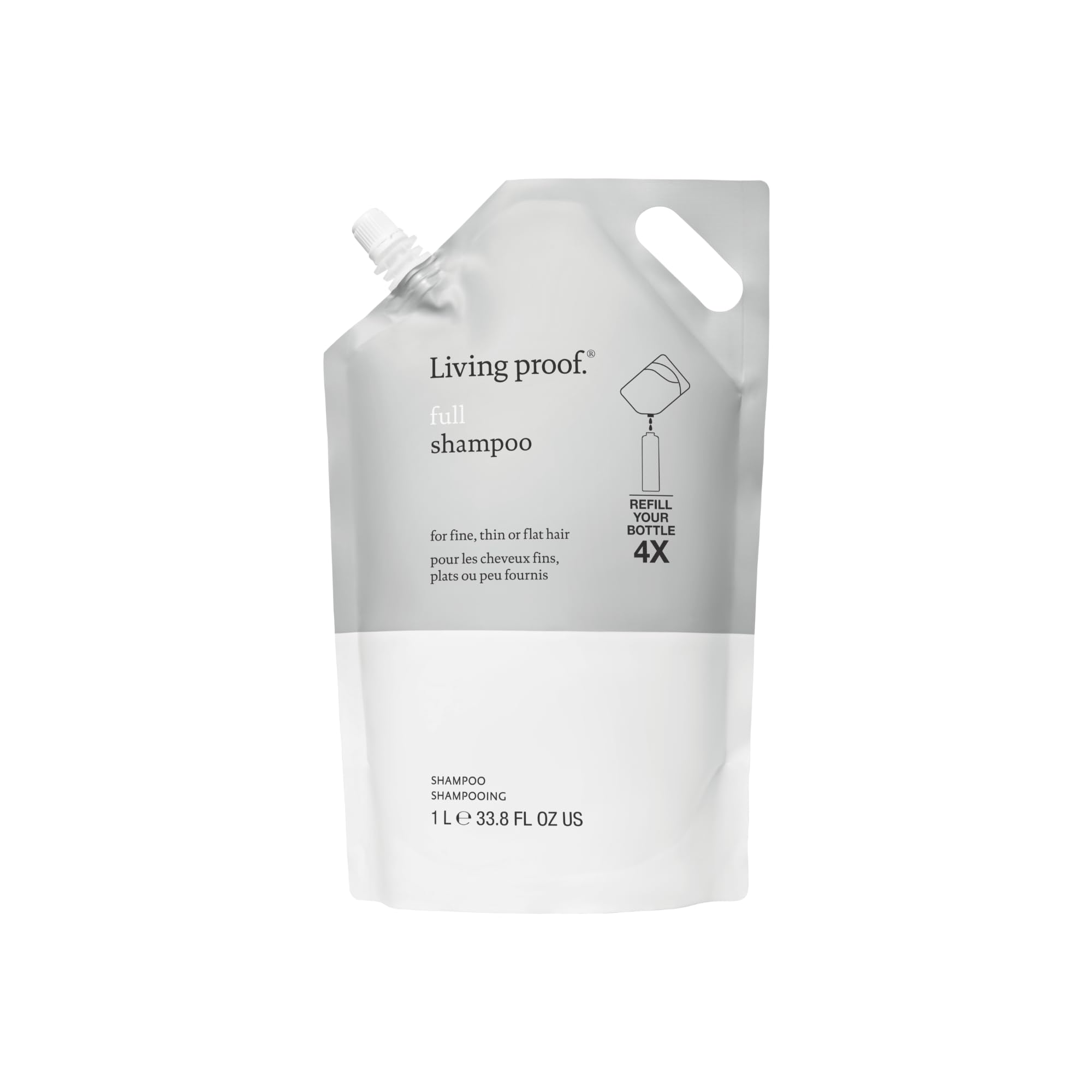 Living Proof Full Shampoo bottle pours to start a volumizing cleanse.