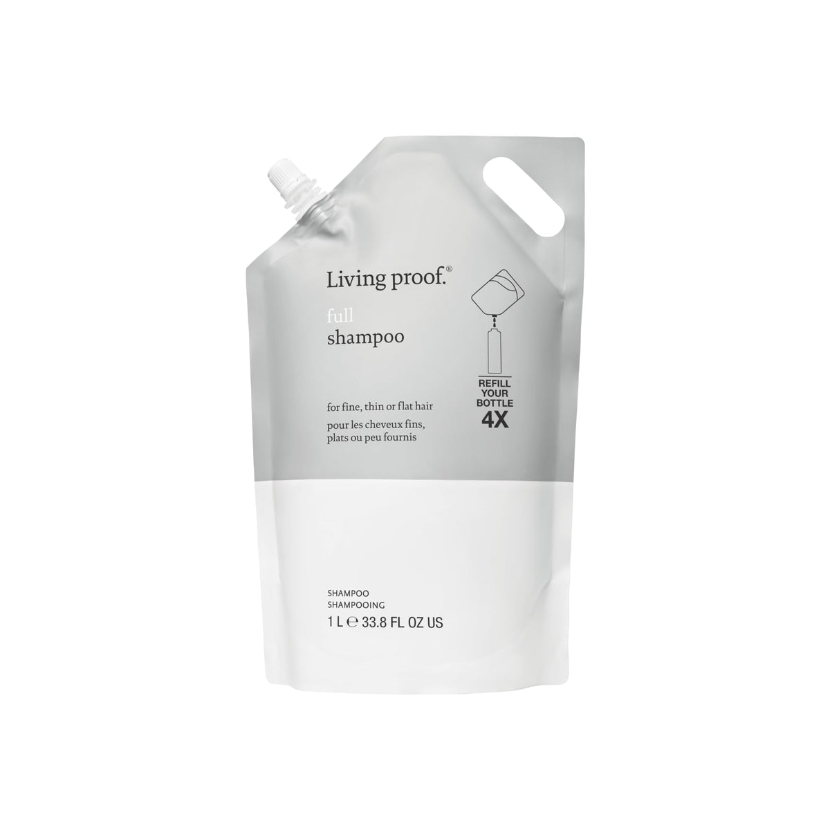 Living Proof Full Shampoo bottle pours to start a volumizing cleanse.