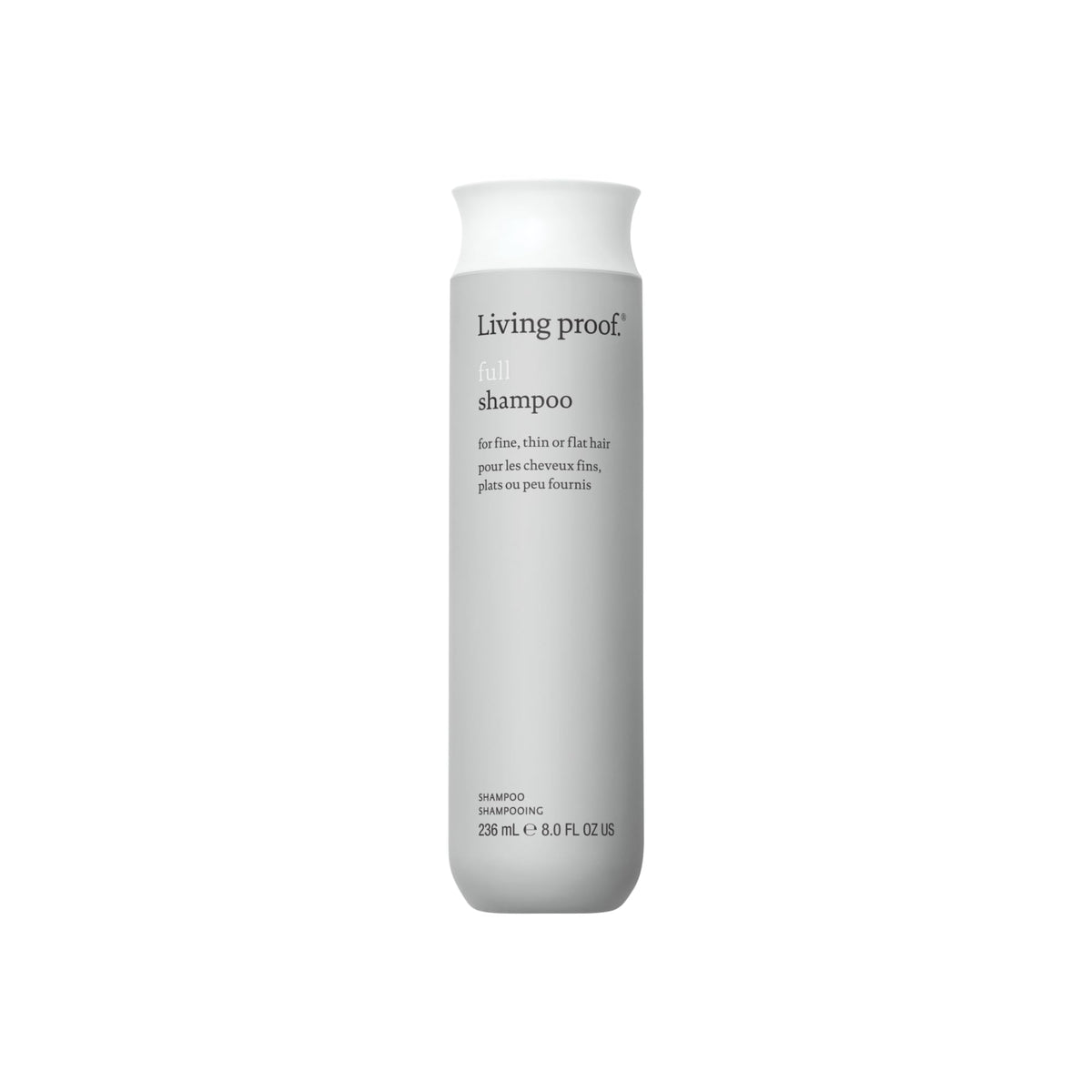 Living Proof Full Shampoo bottle shows volumizing formula for fuller-looking hair.