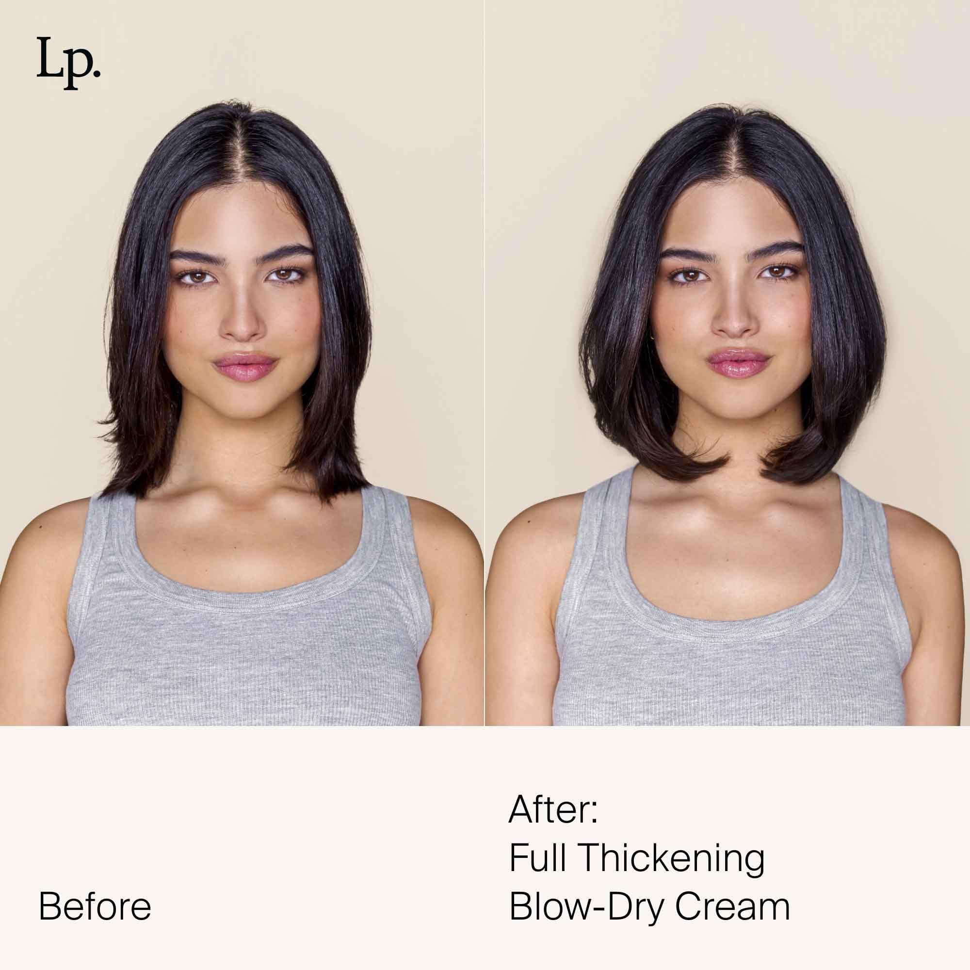Living Proof Full Thickening Blow-Dry Cream with heat tool demonstrates protection.