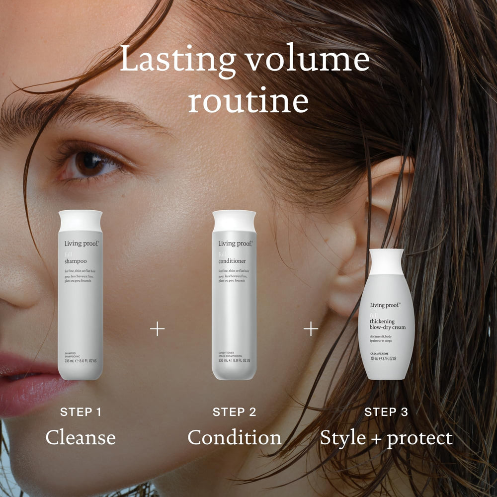 Living Proof Full Thickening Blow-Dry Cream packaging highlights compact travel size.