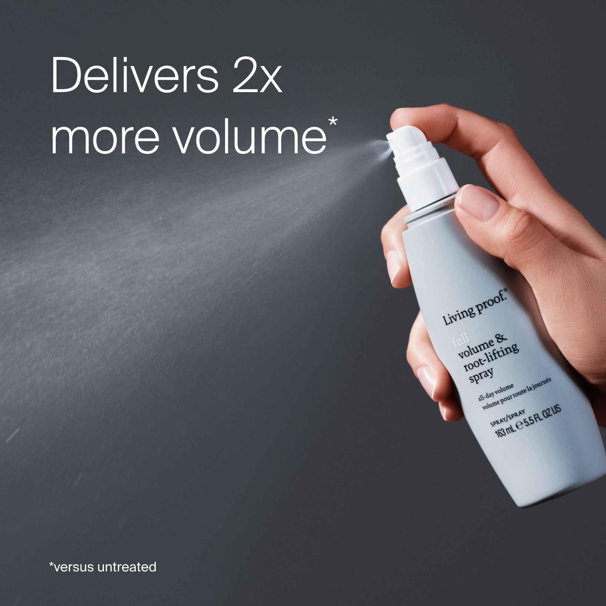 Living Proof Full Volume volume-hair closeup highlights natural shine and airy movement.