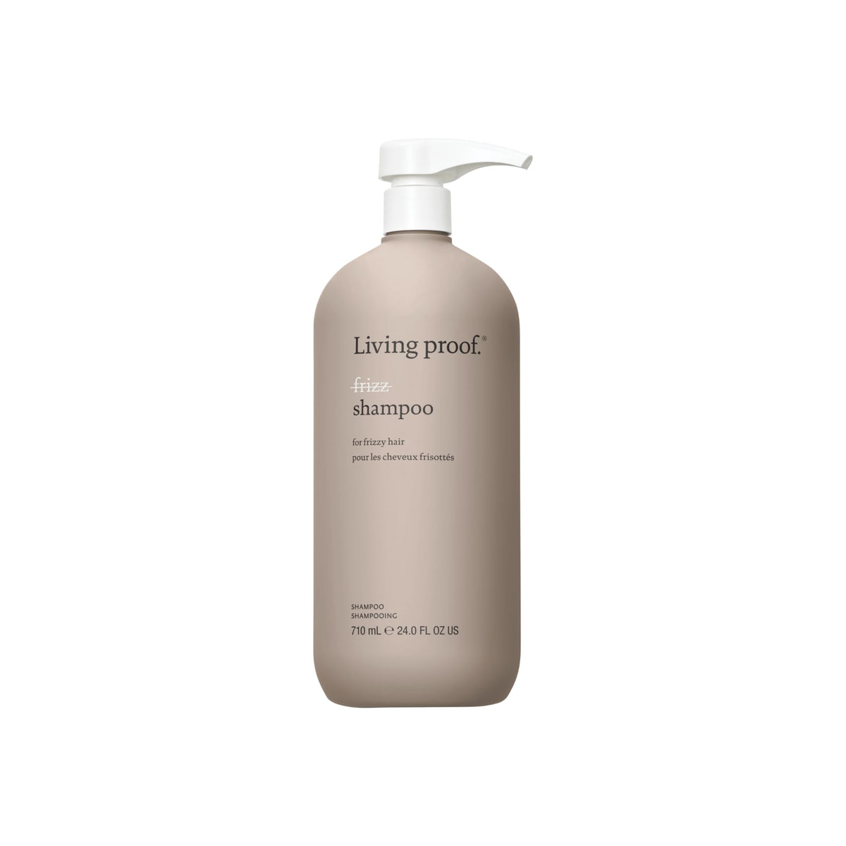 Living Proof No Frizz Shampoo bottle front demonstrates frizz control for smoother, more manageable hair.