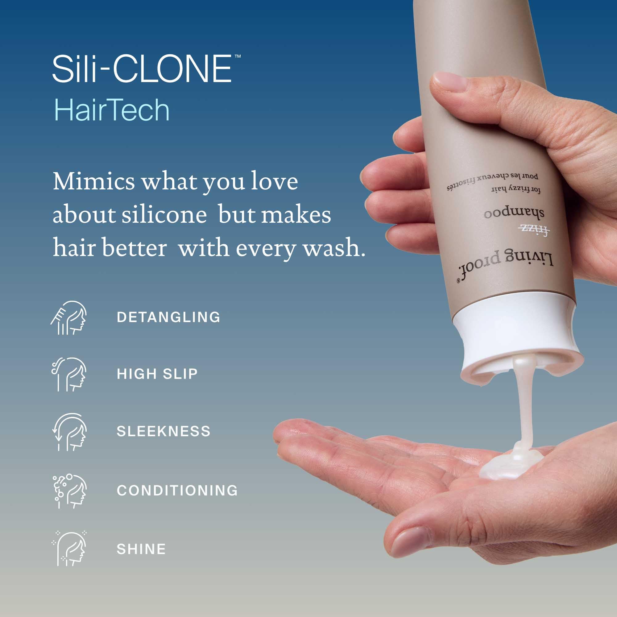 Living Proof No Frizz Shampoo daily-use scene depicts everyday cleansing across all hair types.