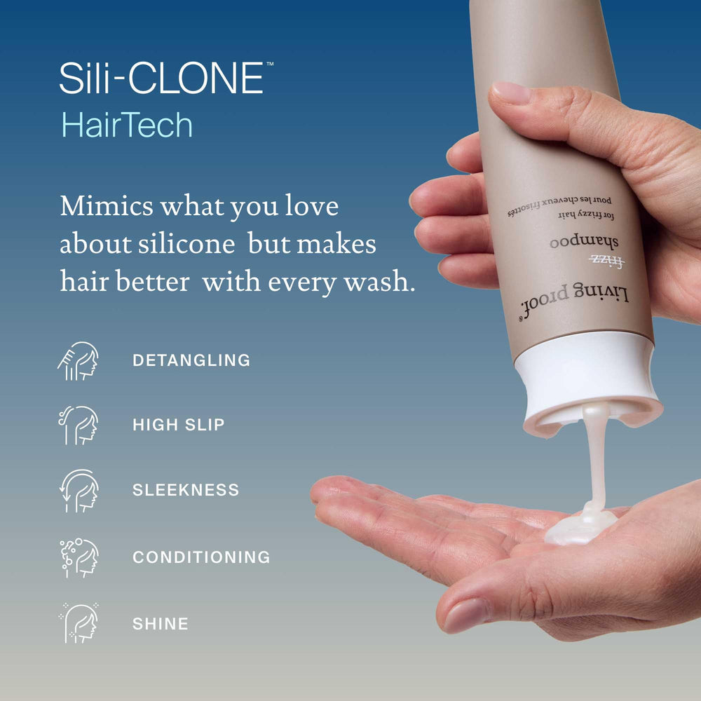 Living Proof No Frizz Shampoo daily-use scene depicts everyday cleansing across all hair types.