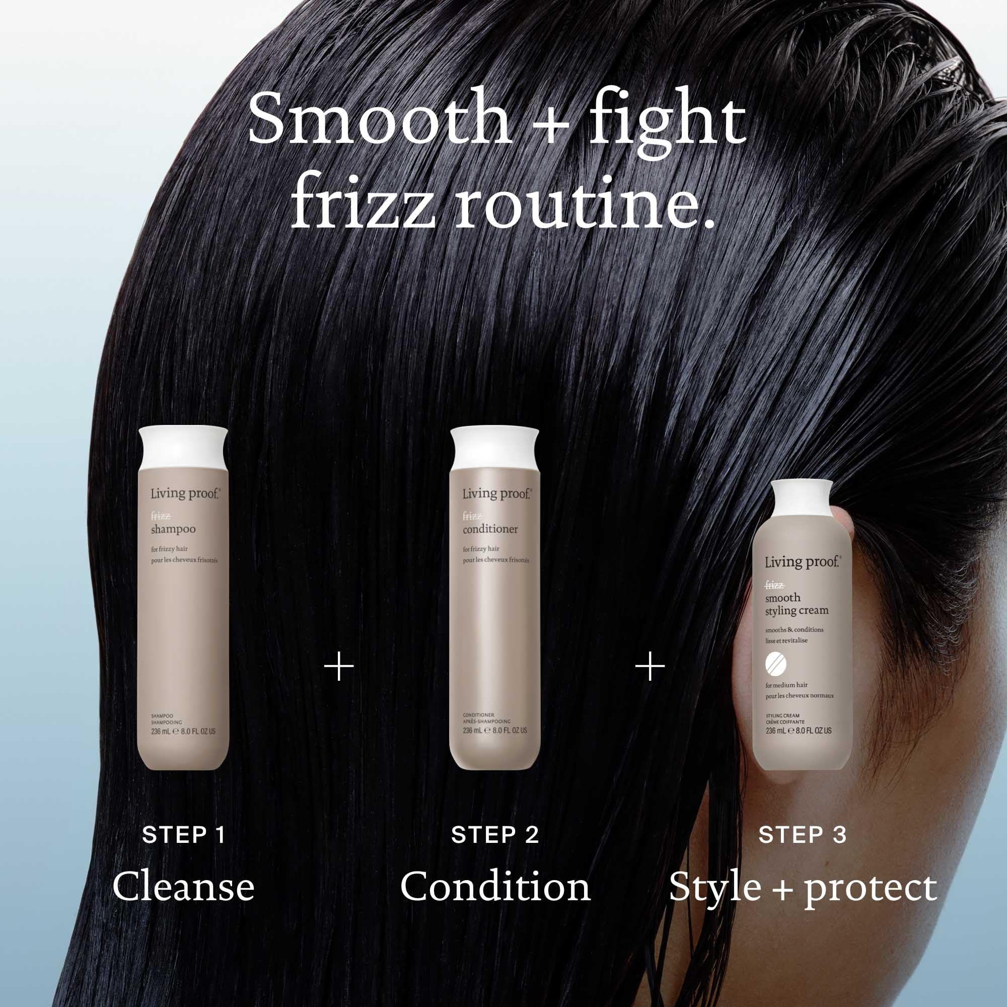 Living Proof No Frizz Shampoo frizz-control closeup emphasizes lasting smoothing and humidity defense.
