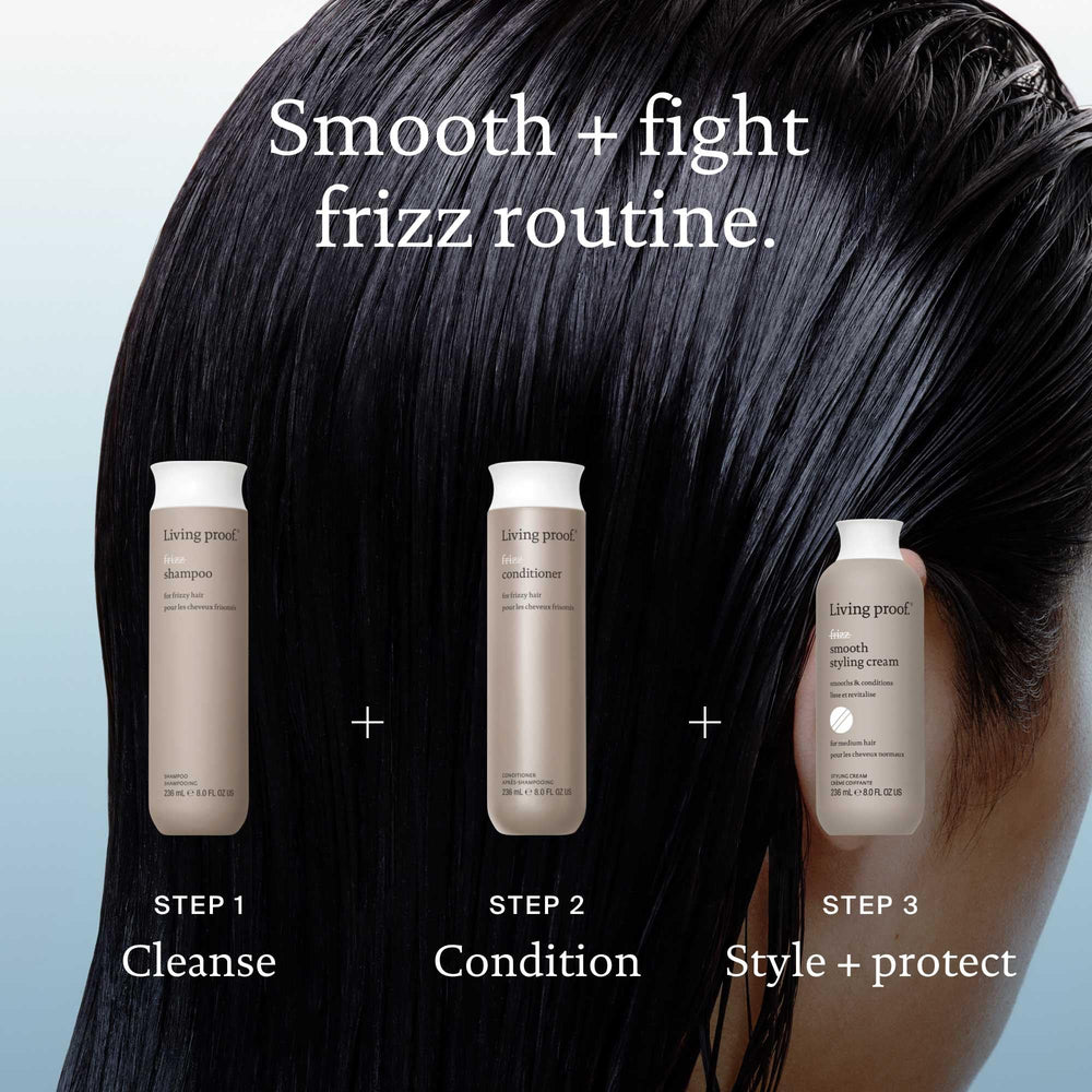 Living Proof No Frizz Shampoo frizz-control closeup emphasizes lasting smoothing and humidity defense.
