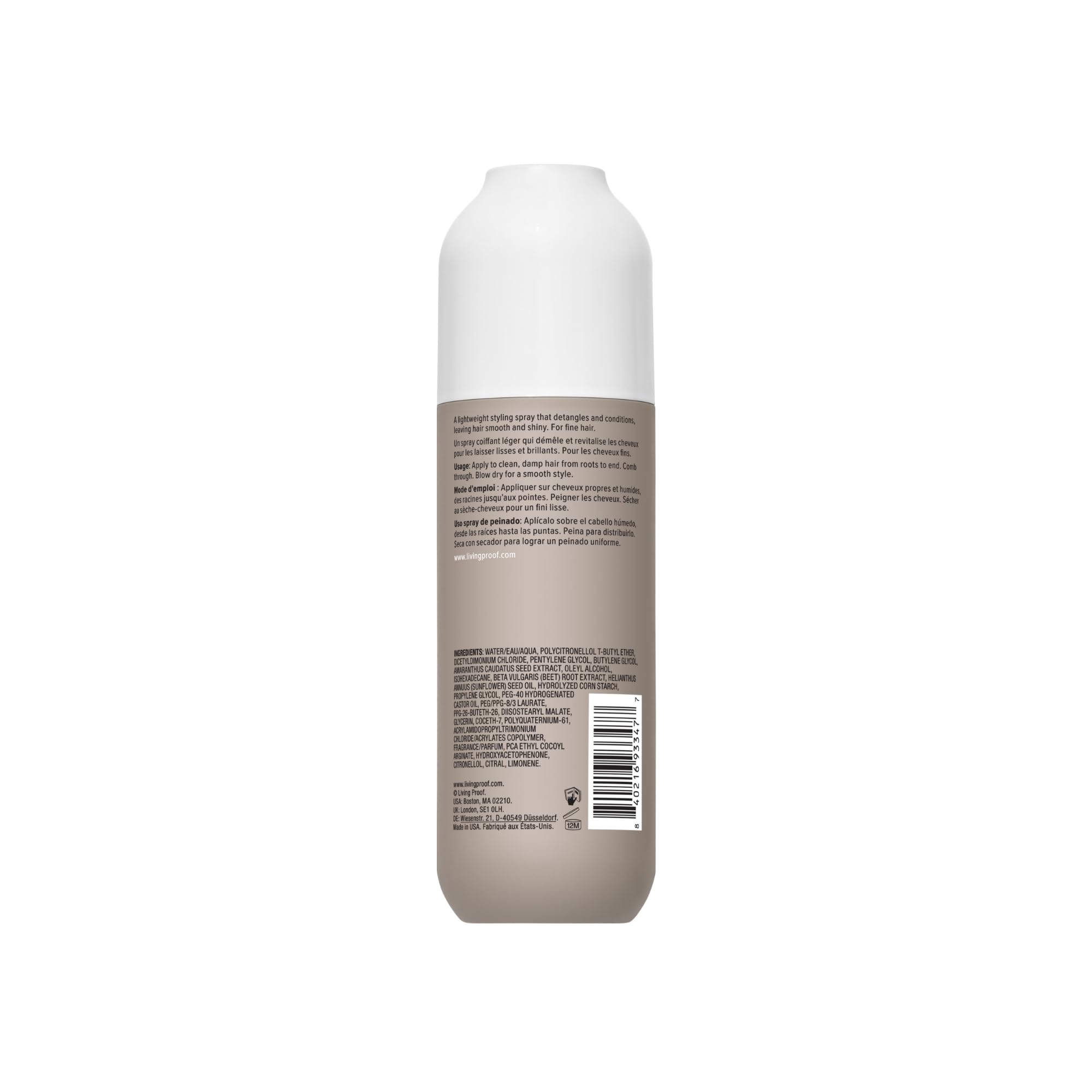 Living Proof No Frizz Smooth Styling Spray hair-smoothing-action image highlights frizz reduction.