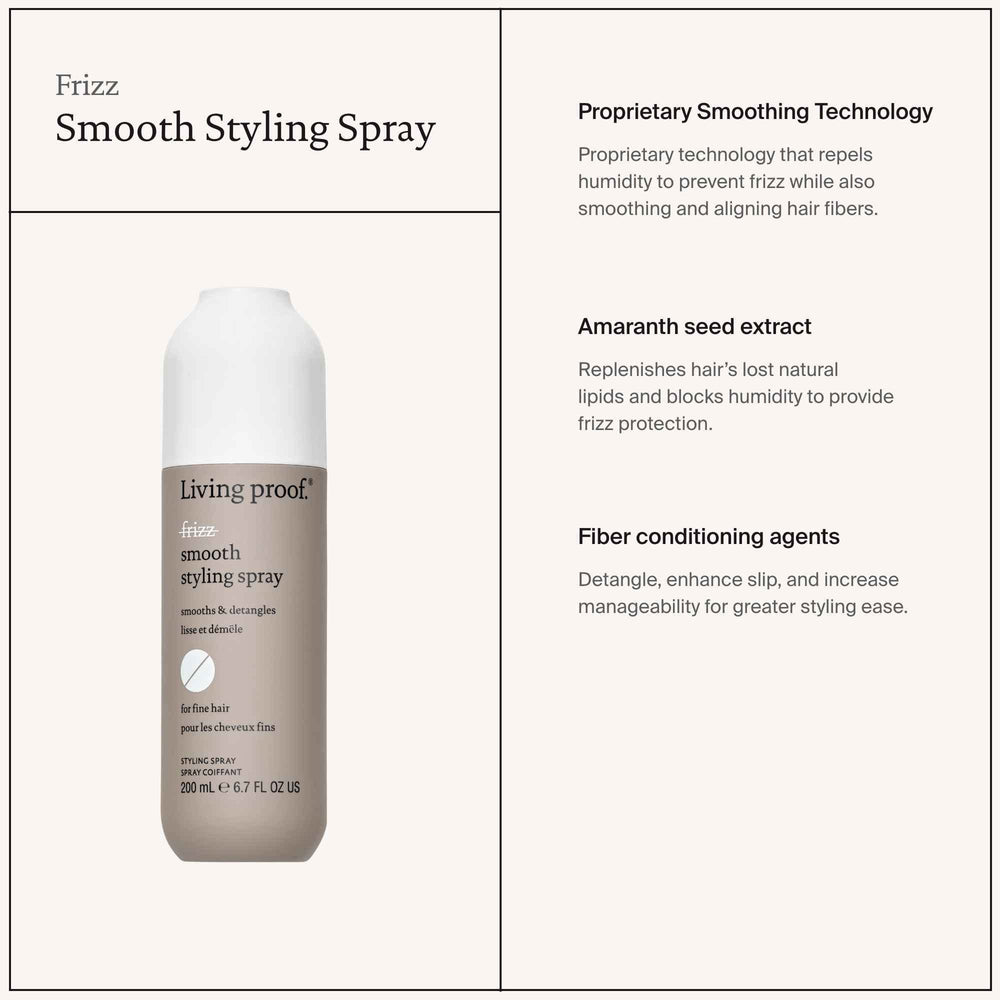Living Proof No Frizz Smooth Styling Spray weightless-finish delivers soft, natural-seeming sheen.