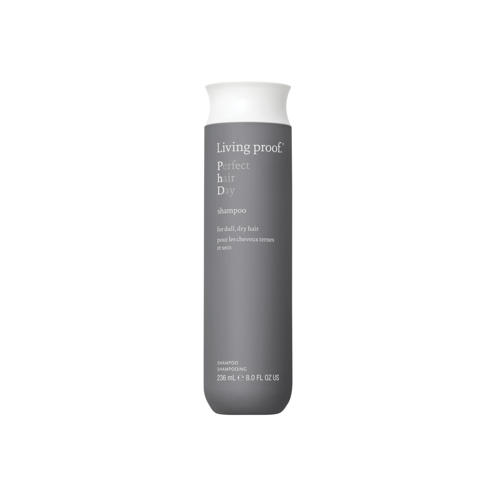 Living Proof Perfect Hair Day Shampoo bottle close-up highlighting long-lasting hydration.